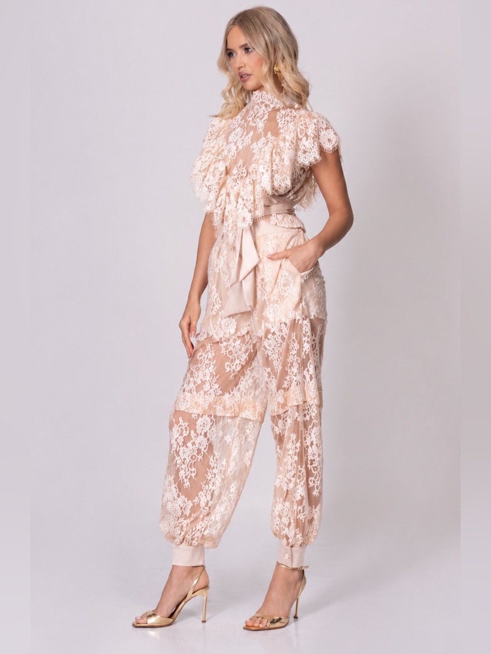 Luxe Beige Lace Two-Piece Set | Sheer Embroidered Ruffle Top & Jogger Pants